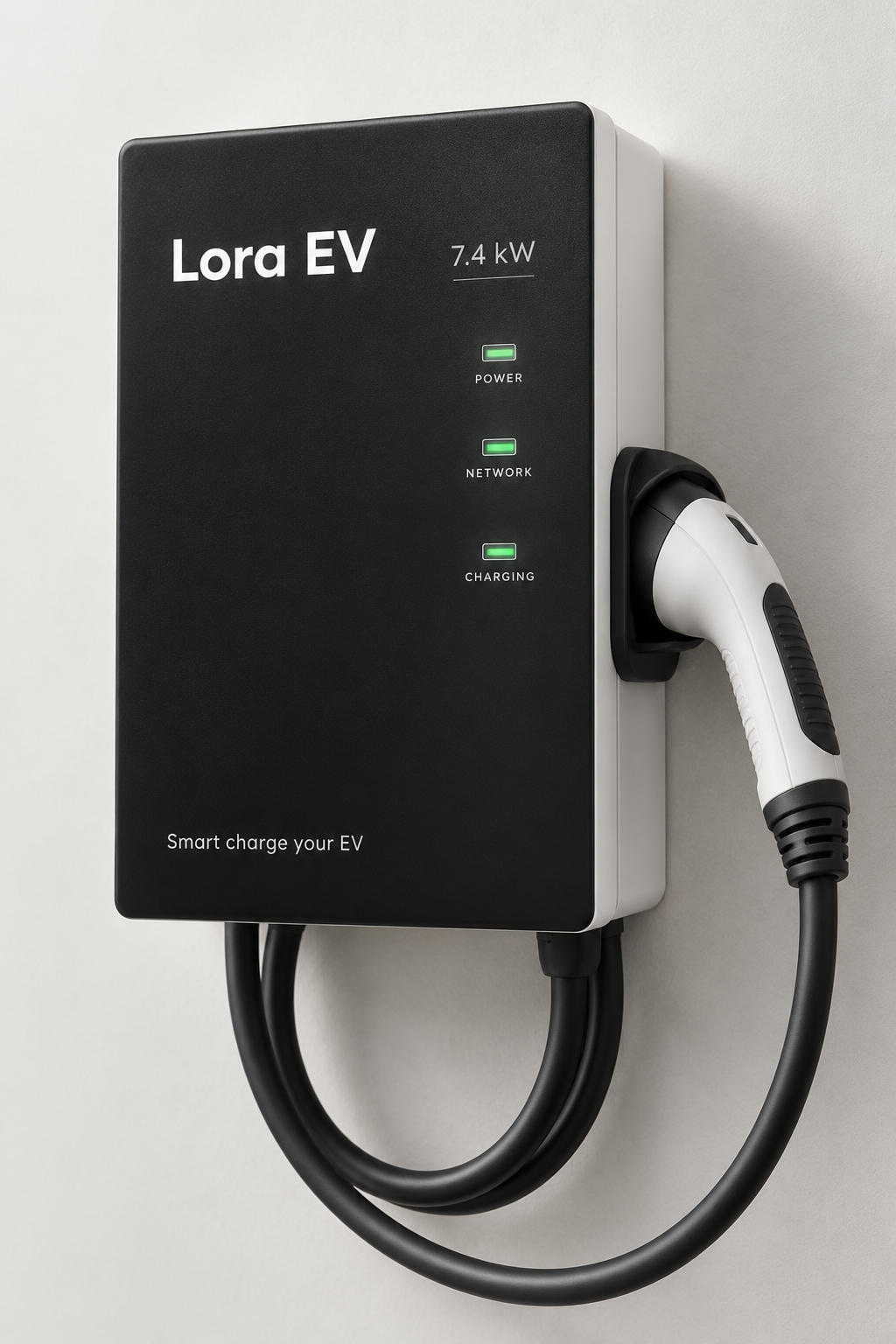 RIOD Lora EV 3.3 kW charger front view with power, network and charging indicators