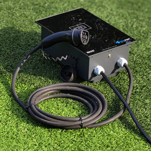 RIOD PowerPod AC EV charger, black enclosure with RFID panel, tethered Type 2 gun and coiled charging cable