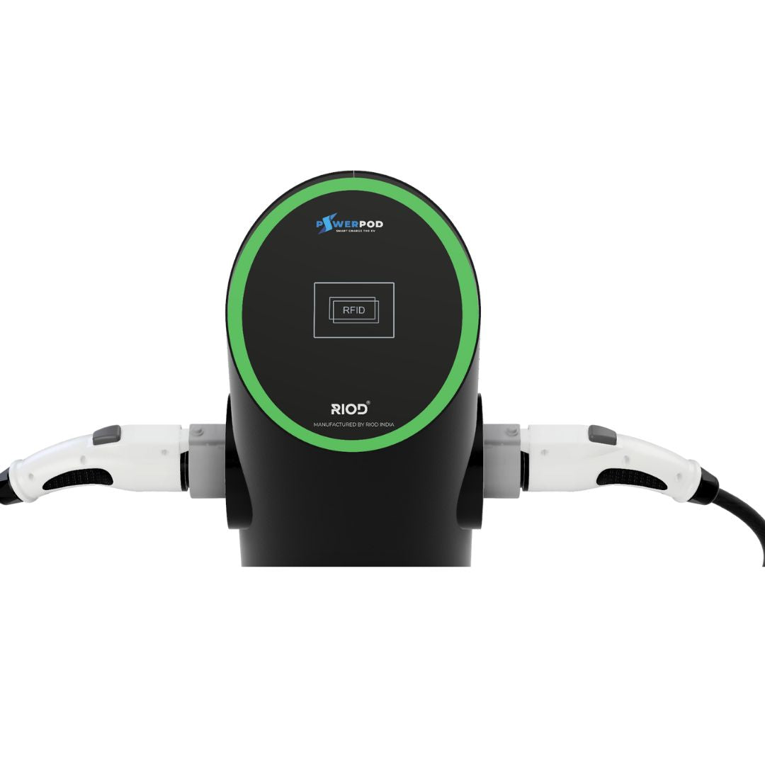 RIOD PowerPod City 7.4 kW dual-gun charging station installed in a car park