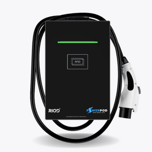 RIOD PowerPod Lite 22 kW three-phase EV charger, black wall-mounted unit with RFID panel and Type 2 cable