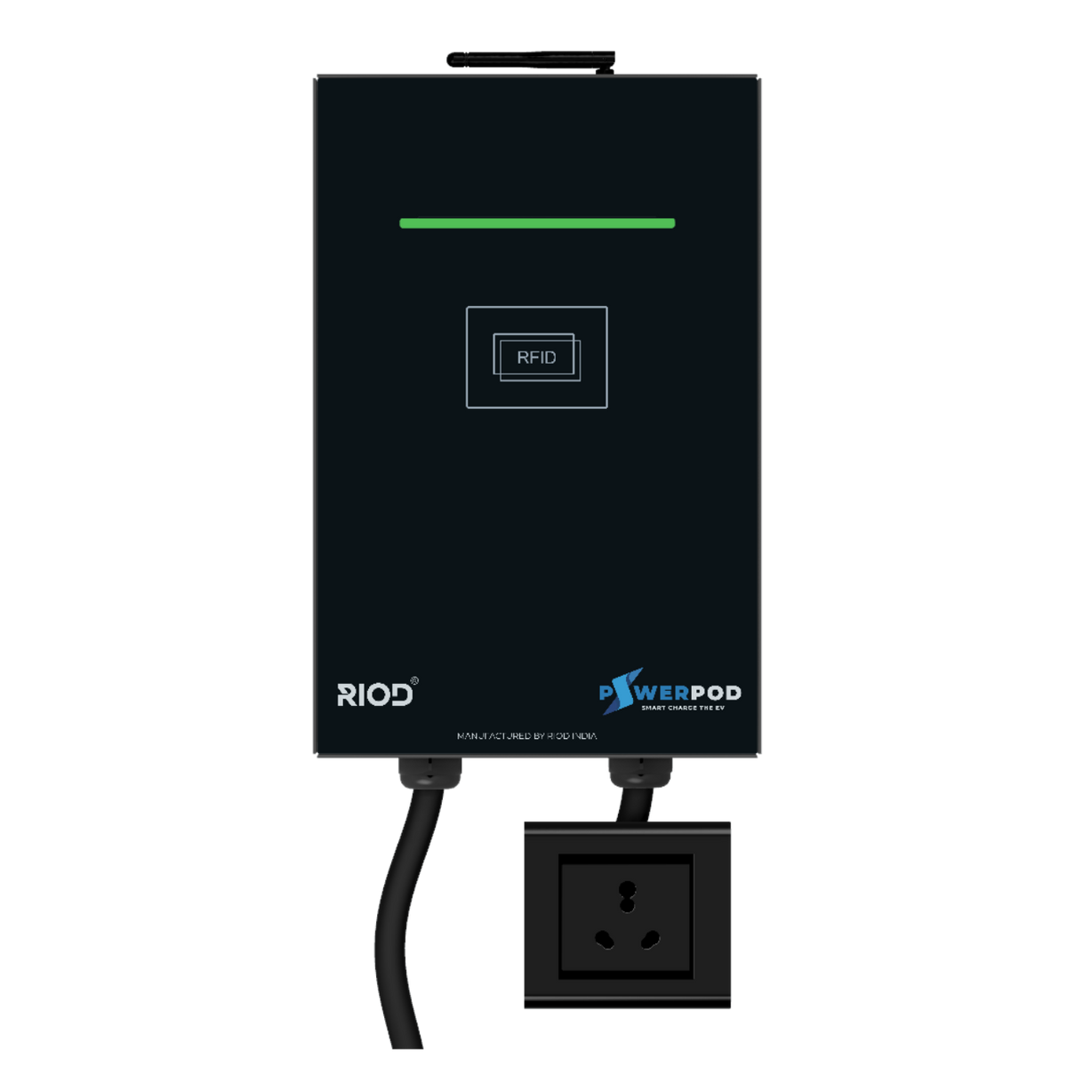 RIOD PowerPod Go 3.3 kW smart EV charger with 16A 3-pin socket, RFID and OCPP 1.6J