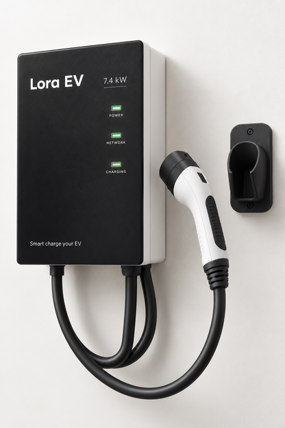 Lora EV AC Charger, 7.4 kW wall-mounted unit with Type 2 cable and holster