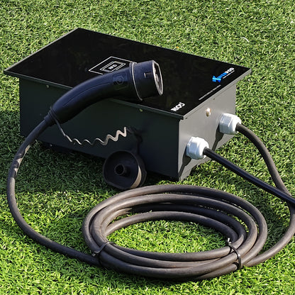 RIOD PowerPod AC EV charger showing cable glands, connector holster and Type 2 charging gun