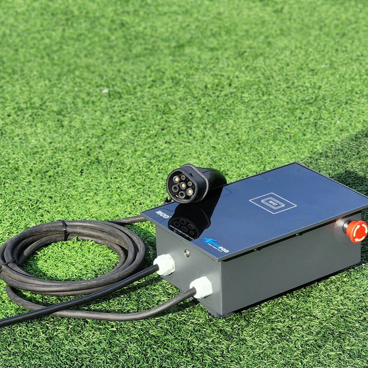 RIOD PowerPod AC EV charger with emergency stop button, RFID reader and Type 2 connector