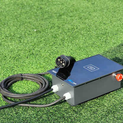 RIOD PowerPod AC EV charger with emergency stop button, RFID reader and Type 2 connector