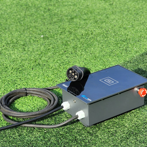 RIOD PowerPod AC EV charger with emergency stop button, RFID reader and Type 2 connector