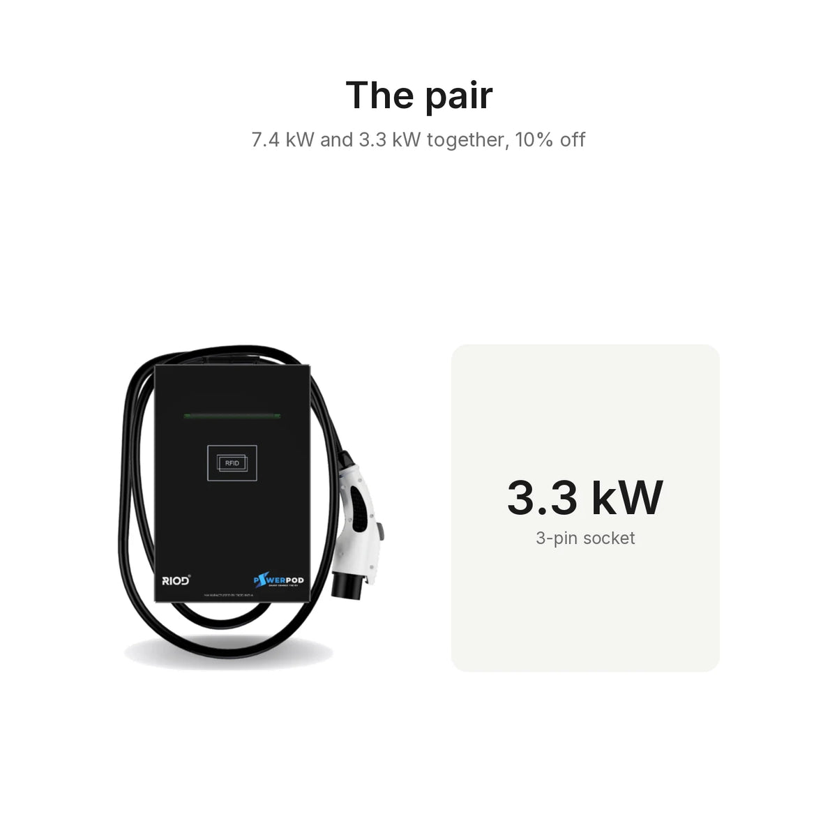 RIOD PowerPod Lite 7.4 kW and 3.3 kW chargers sold together at 10 percent off