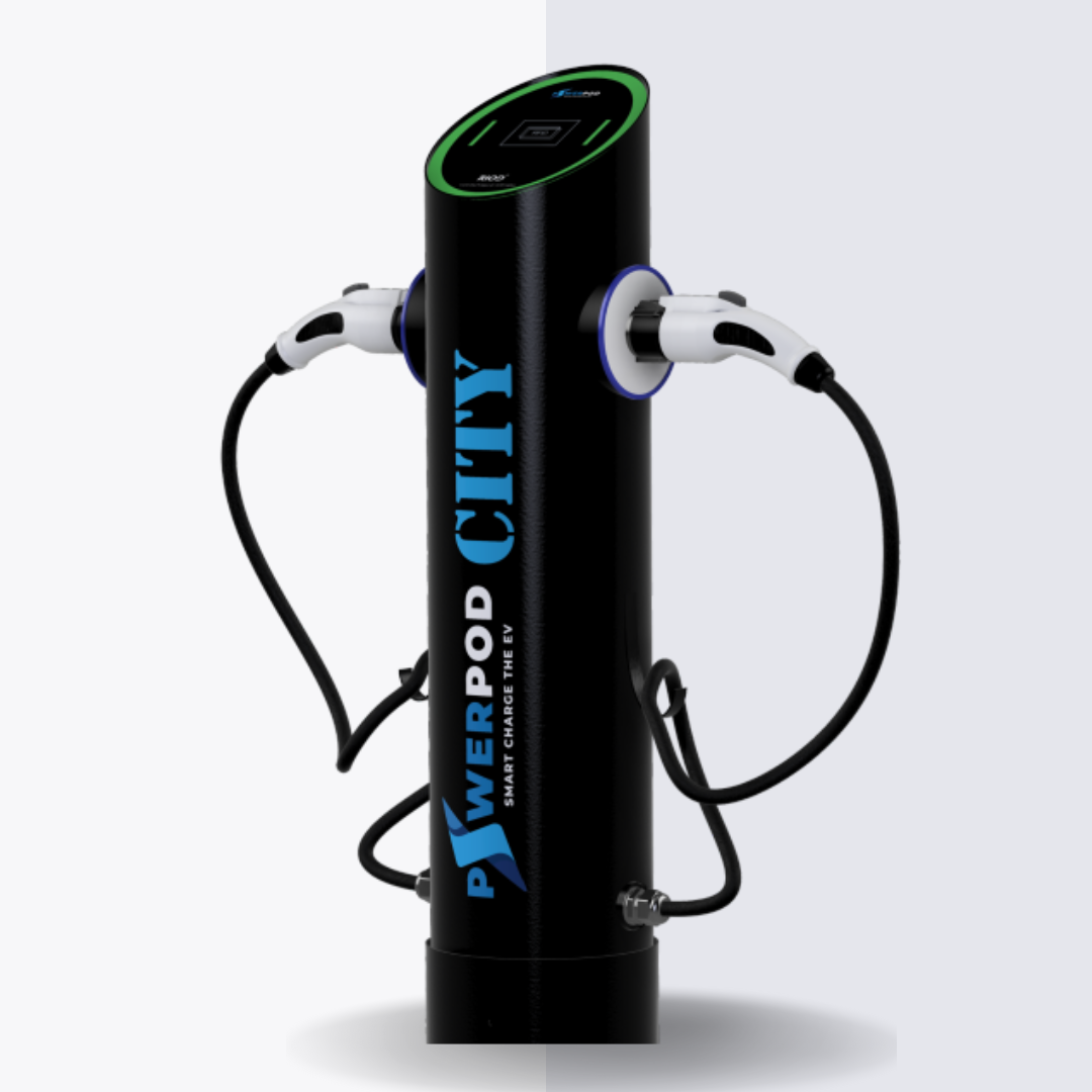 RIOD PowerPod City 22 kW dual-gun charging station shown from the side with both Type 2 cables