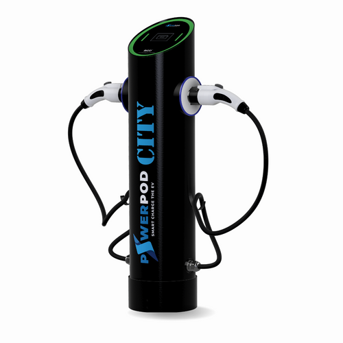 RIOD PowerPod City 7.4 kW dual-gun public charging pedestal with two Type 2 connectors
